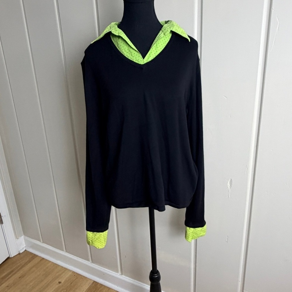 Notations Womens XL Black V-Neck Sweater Neon Green Polka Dot Layered Top